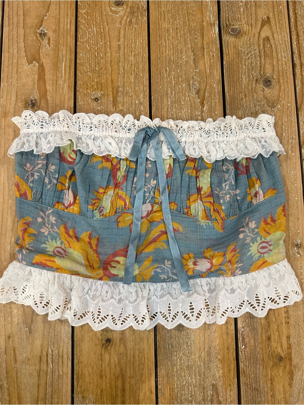 Free People Dolly Floral Tube Top Eyelet Lace Mineral Combo Size L Boho OB204596